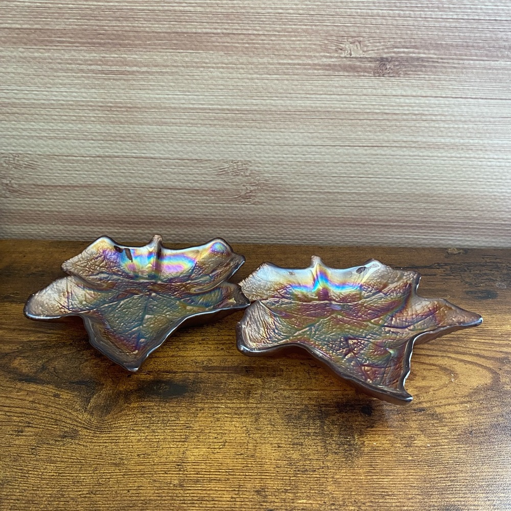 2 Akcam Turkish Style Glass Leaf Reverse Painted Dessert Candy Dish Plate bowl